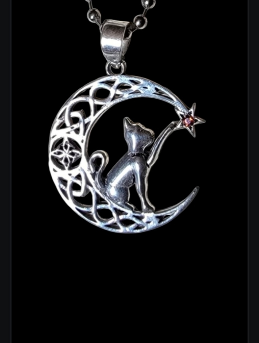 Cat & Moon w/ Garnet Pendant Necklace